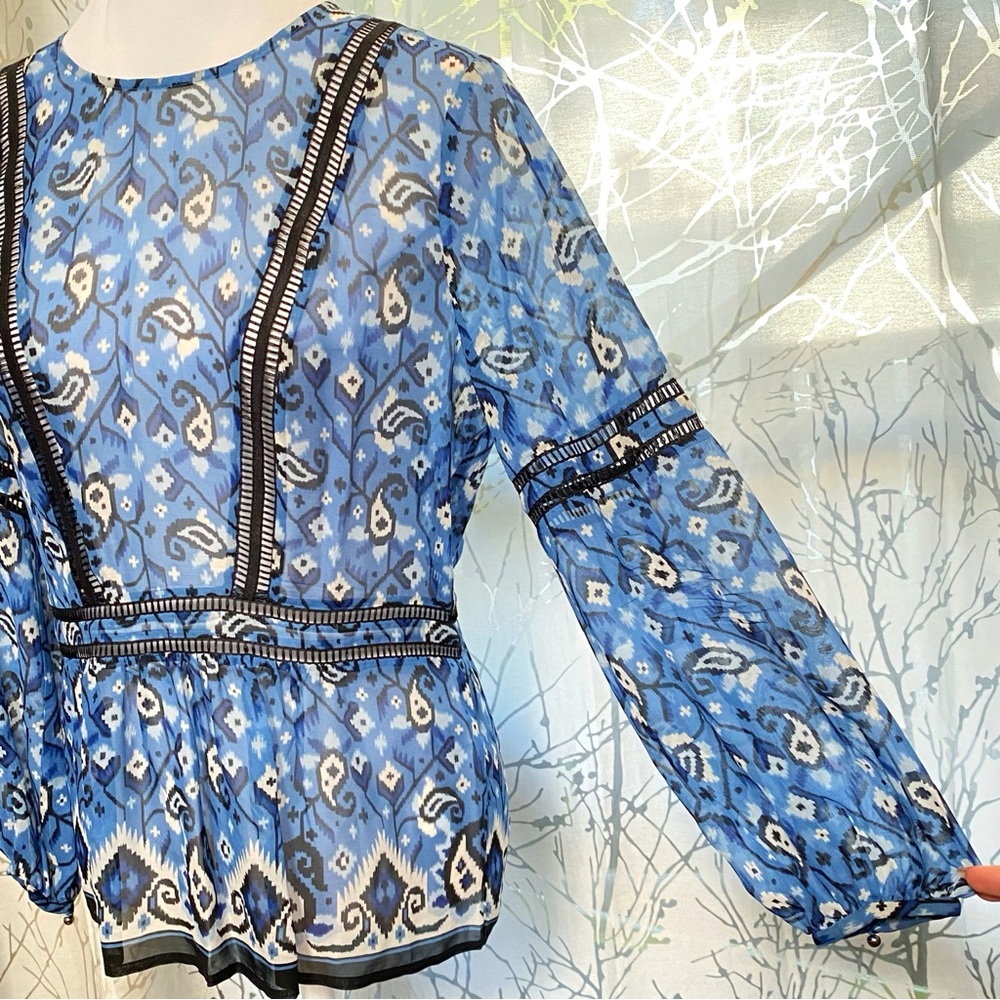 VERONICA BEARD BLUE WHITE CABO BOHO PAISLEY SHEER SILK BLOUSE LONG SLEEVE TOP - Picture 6 of 14